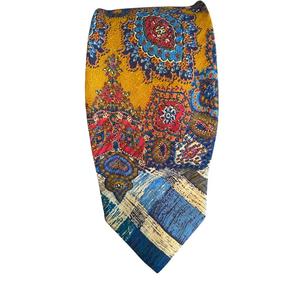 Balenciaga Paris Pour Homme Silk Tie Blue‎ Gold Paisley Abstract Geometric Italy